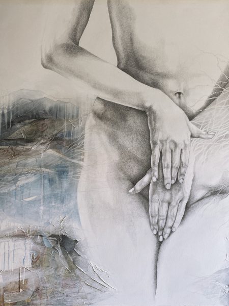 SERIE BELLAS | SER, esta mujer | Técnica mixta: lápiz grafito, acrílico y collage sobre bastidor. 120 x 150 cm.