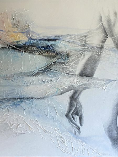 SERIE BELLAS | Esos días de sol | Técnica mixta: lápiz grafito, acrílico y collage sobre bastidor. 100 x 100 cm